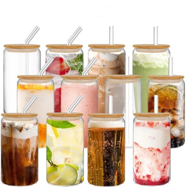 hot stocked 12oz 16oz Clear Water Juice Blank Sublimation Beer Can Shaped Soda Glass Can with bamboo lid