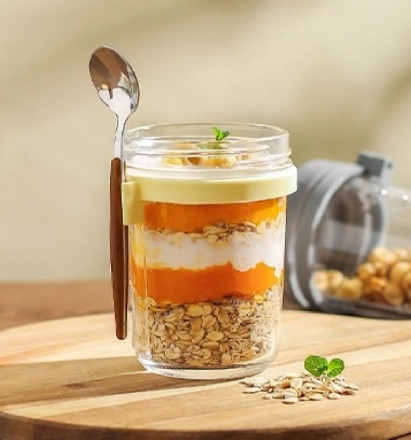 From Stock 10oz Overnight Oatmeal Cup 16oz Mason Jar Crystal White With Hanging Spoon Cup 20oz Straw Breakfast Oatmeal Cup