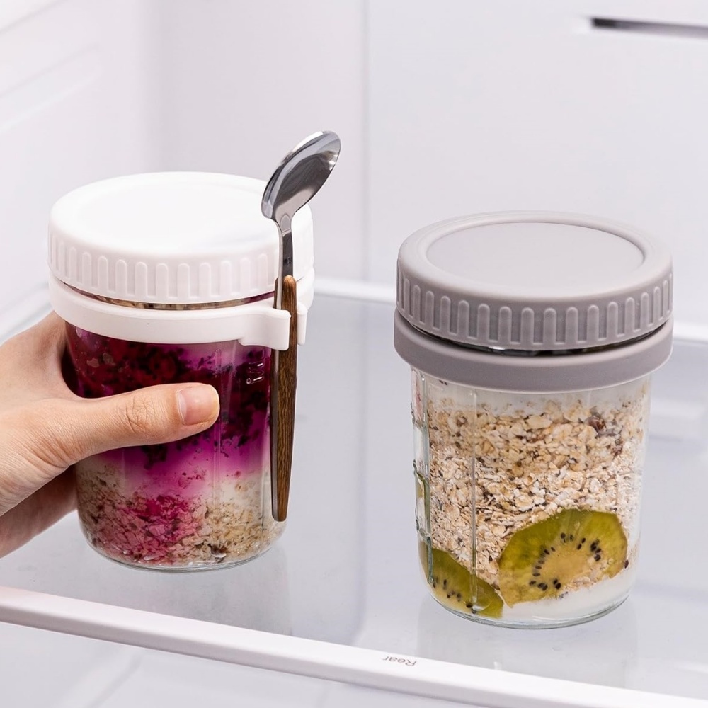 Overnight Oatmeal Glass Cups With Spoons Airtight Oatmeal With Measurement