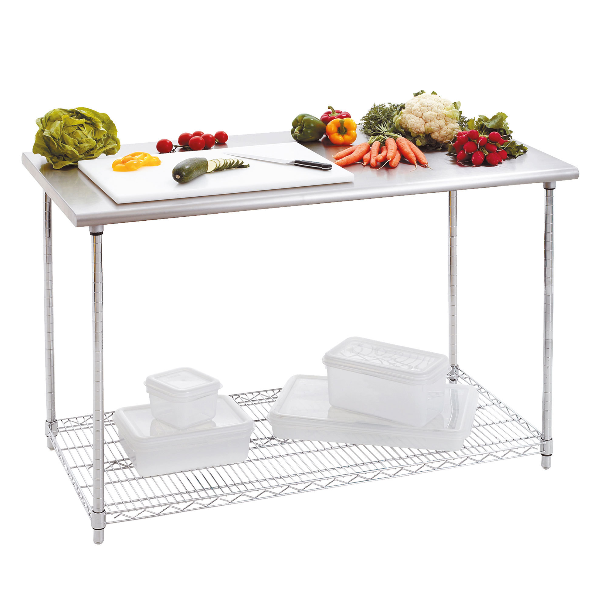 2 Tiers Stainless Steel Work Table with Chrome Wire Undershelf Wire Storage Rack for Hotel & Restaurant