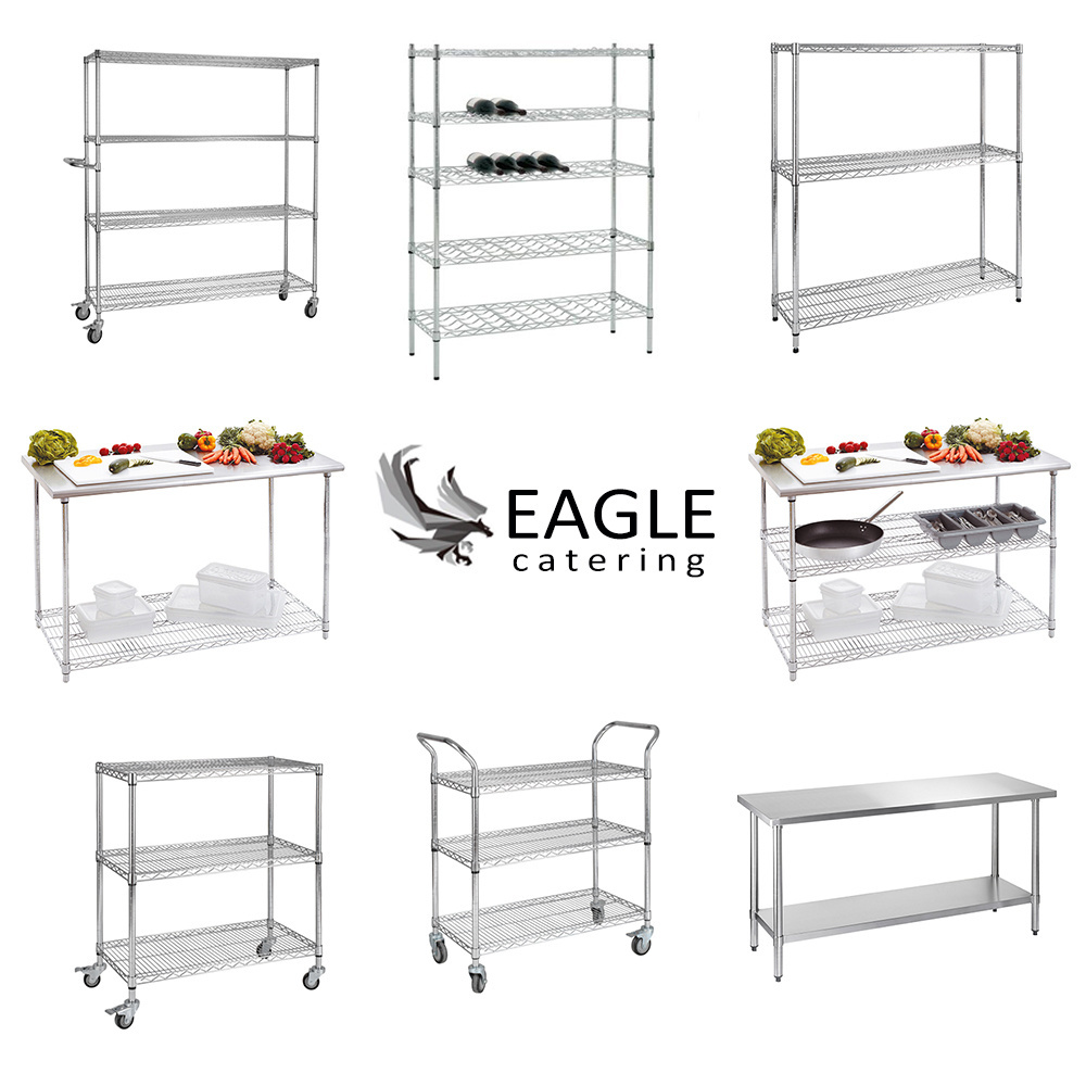 2 Tiers Stainless Steel Work Table with Chrome Wire Undershelf Wire Storage Rack for Hotel & Restaurant