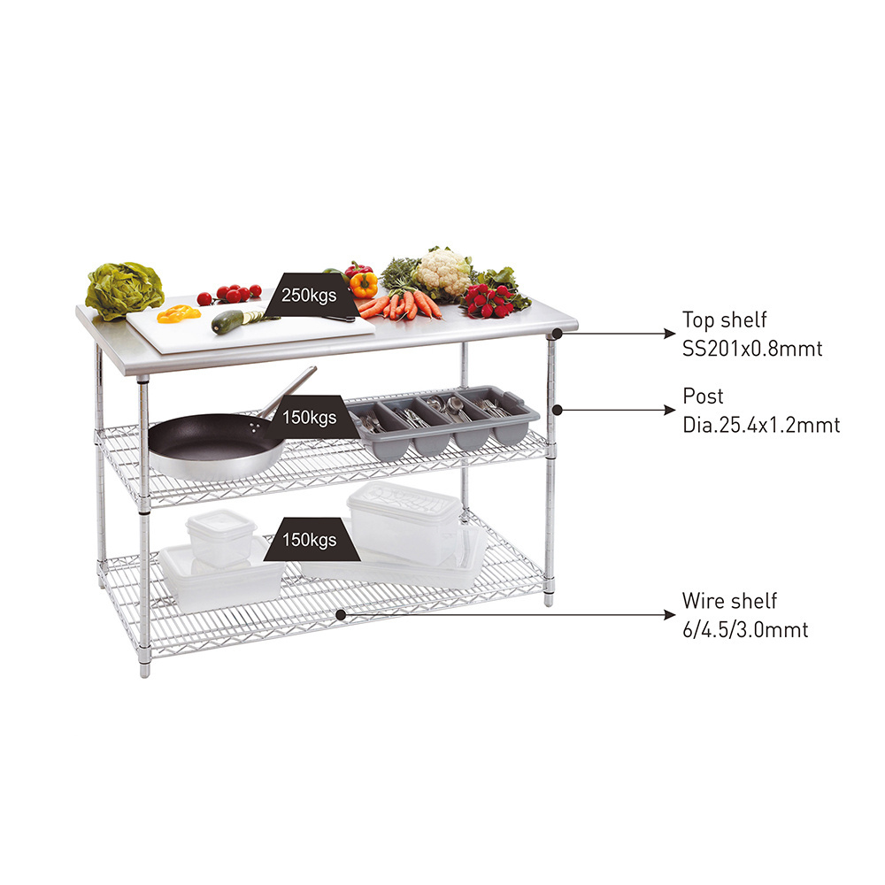 2 Tiers Stainless Steel Work Table with Chrome Wire Undershelf Wire Storage Rack for Hotel & Restaurant