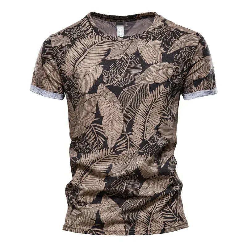 New Casual Men's Summer Slim Short-sleeved Beach 100% Cotton T shirt Men Printed Sports Men's T-shirt