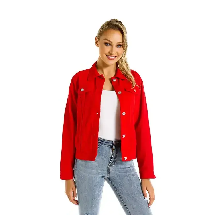 Women's Denim Jackets Tassel Chain Hollowed Jean Jackets Red Denim Jacket Women