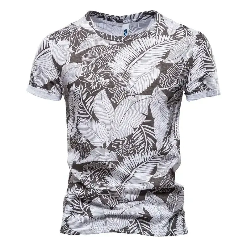 New Casual Men's Summer Slim Short-sleeved Beach 100% Cotton T shirt Men Printed Sports Men's T-shirt