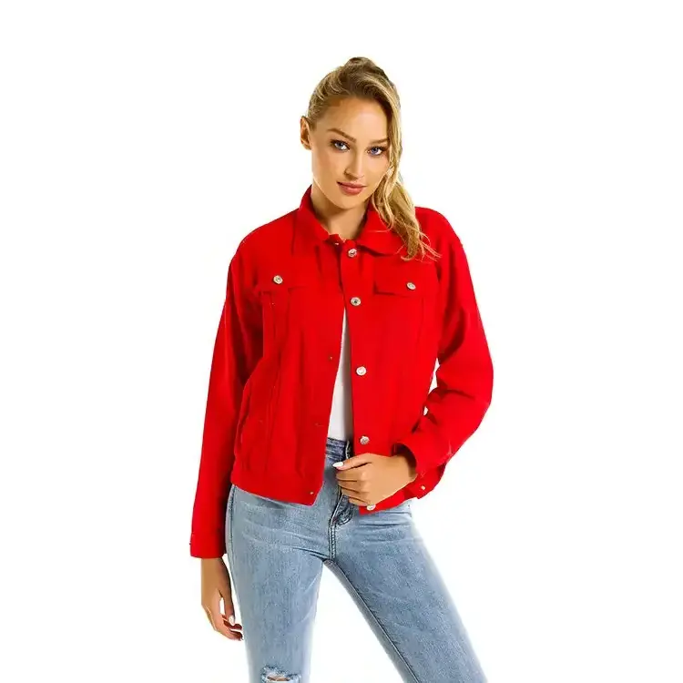 Women's Denim Jackets Tassel Chain Hollowed Jean Jackets Red Denim Jacket Women