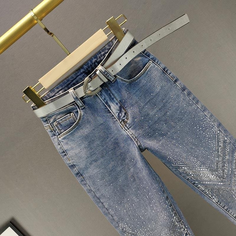 Wholesale Womens denim stretch ladies pants skinny Rhinestone jeans Pencil Pants apparel stock women diamond jeans