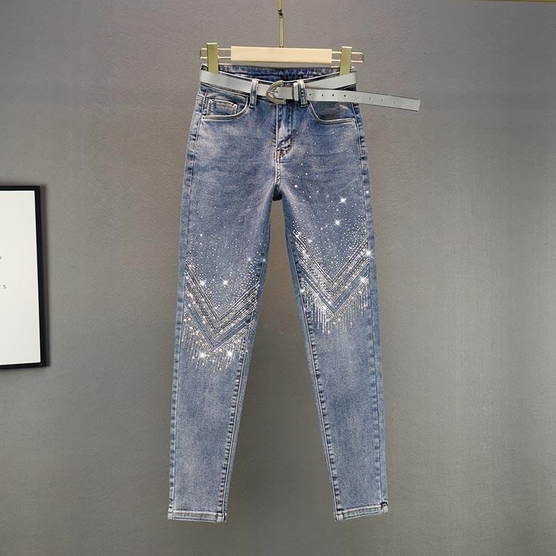 Wholesale Womens denim stretch ladies pants skinny Rhinestone jeans Pencil Pants apparel stock women diamond jeans