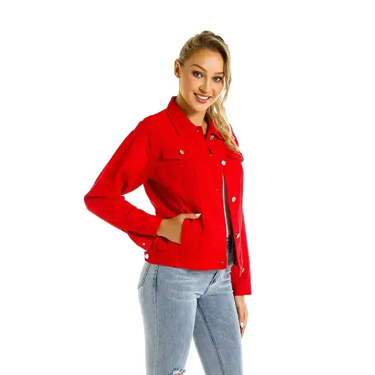 Women's Denim Jackets Tassel Chain Hollowed Jean Jackets Red Denim Jacket Women