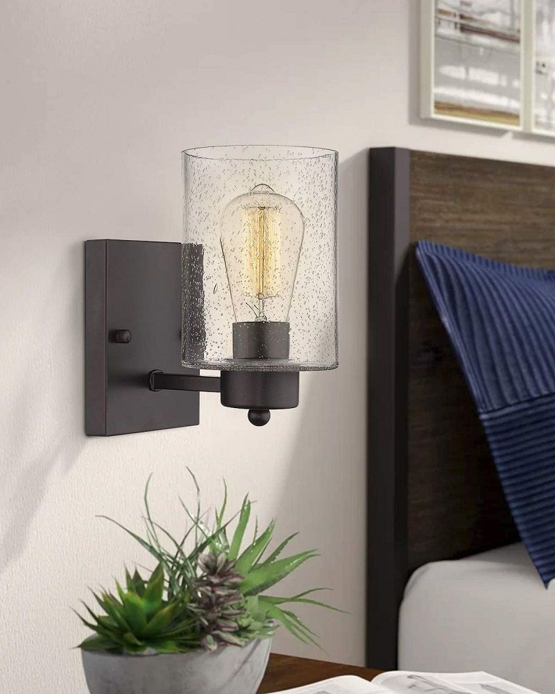 One Light Indoor Wall Light Fixture in Oil Rubbed Bronze with Clear Seeded Glass Modern Farmhouse Wall Sconce