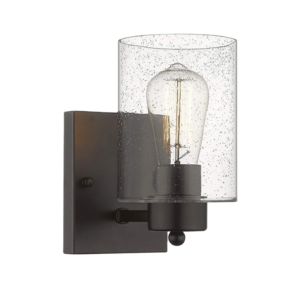 One Light Indoor Wall Light Fixture in Oil Rubbed Bronze with Clear Seeded Glass Modern Farmhouse Wall Sconce