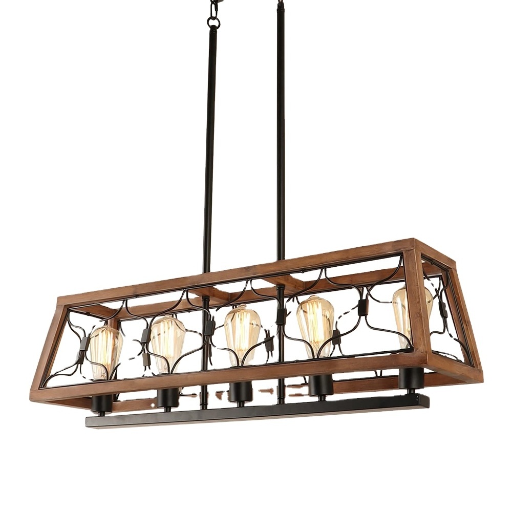 5-Light  lron Wood Rectangle Rustic Chandelier Farmhouse Kitchen Island Lighting for Dining Room high quality light