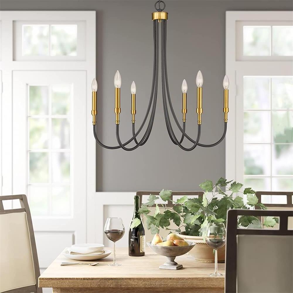 Brass Large Metal Pendant Lighting Fixture for Dining Living Room Black and Gold 6-Light Farmhouse Chandelier