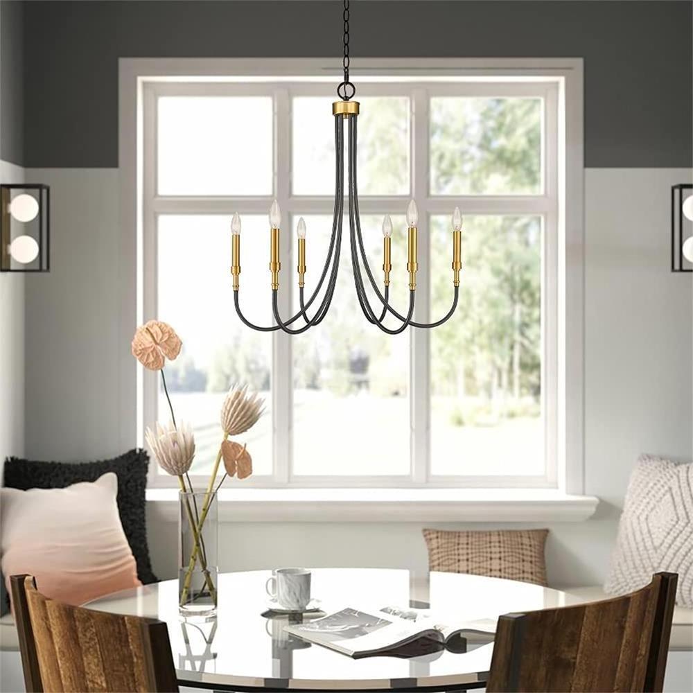 Brass Large Metal Pendant Lighting Fixture for Dining Living Room Black and Gold 6-Light Farmhouse Chandelier