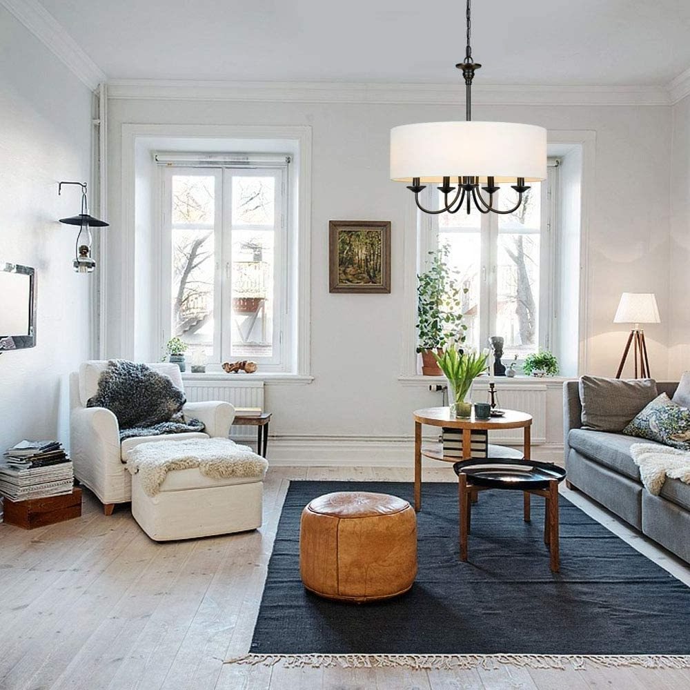 Pendant Lights with Linen Shade for Dining Room Living Room Foyer Modern White Drum 5-Light Chandelier