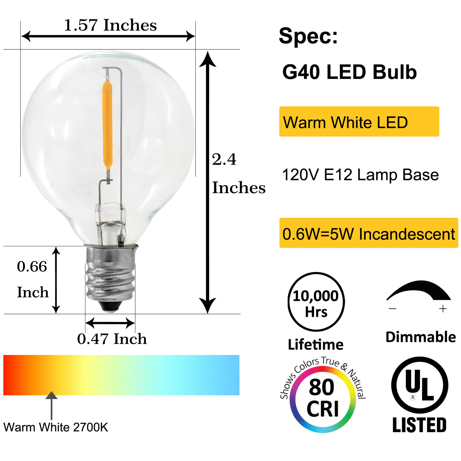 G40 0.6W LED String Lights Replacement Bulb E14 E12 Warm White 2700K Glass Light Bulbs 360 Degree LED Mini Globe Bulb