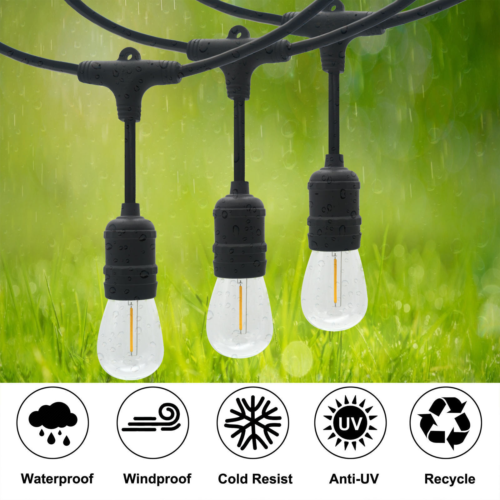 48ft Weatherproof LED Vintage Bulb S14 Commercial Outdoor Edison String Light E26 Wedding Drop Lights For Parties Decoration