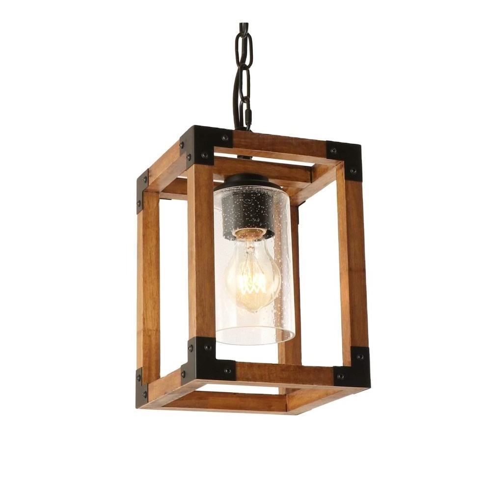 Rustic Chandelier Farmhouse Style Wood Pendant Lighting Adjustable Height Hanging Fixture Kitchen Dining Room with Seed Glass