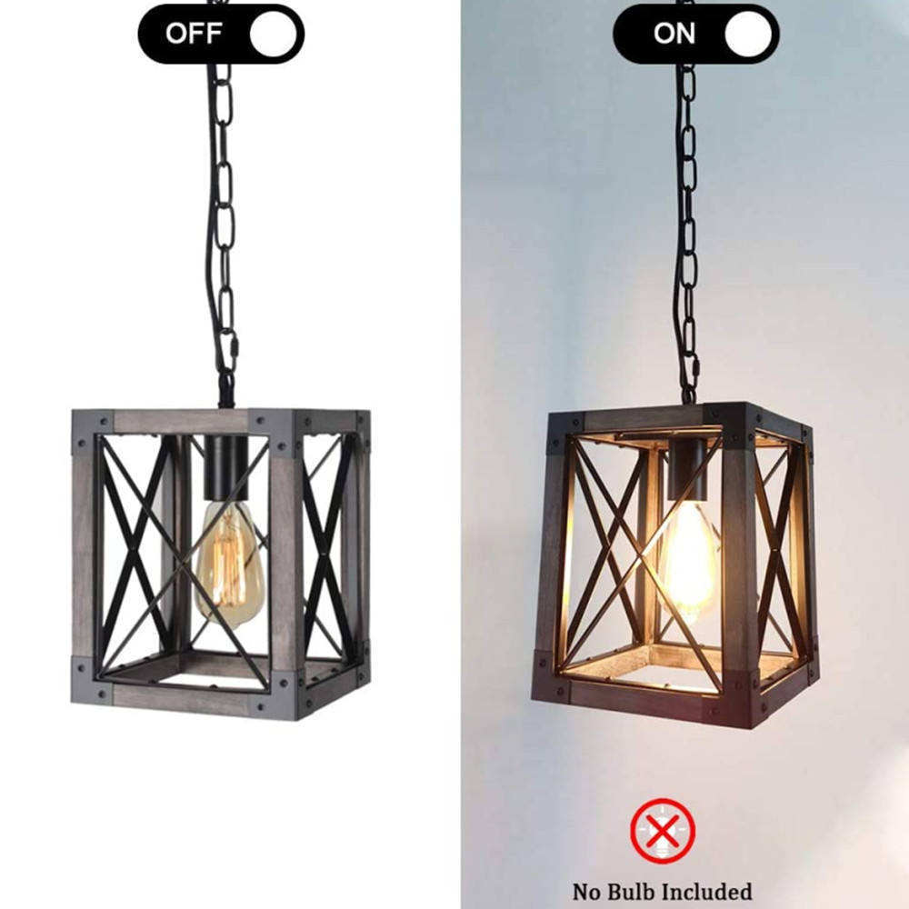 Black Metal and Wood Kitchen Pendant Lighting Small Rustic Island Square Cage Industrial Farmhouse Hanging Light Fixture