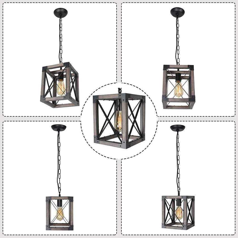 Black Metal and Wood Kitchen Pendant Lighting Small Rustic Island Square Cage Industrial Farmhouse Hanging Light Fixture