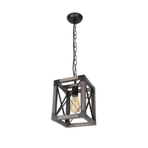 Black Metal and Wood Kitchen Pendant Lighting Small Rustic Island Square Cage Industrial Farmhouse Hanging Light Fixture