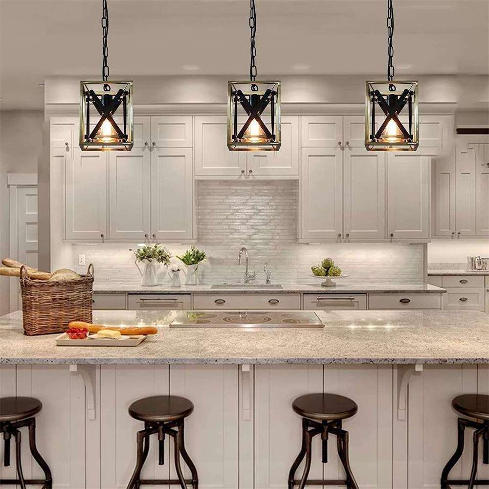 1-Light Metal Cage Lighting Fixture Square Industrial Pendent Light for Kitchen Island Foyer Hallway simplicity dining room