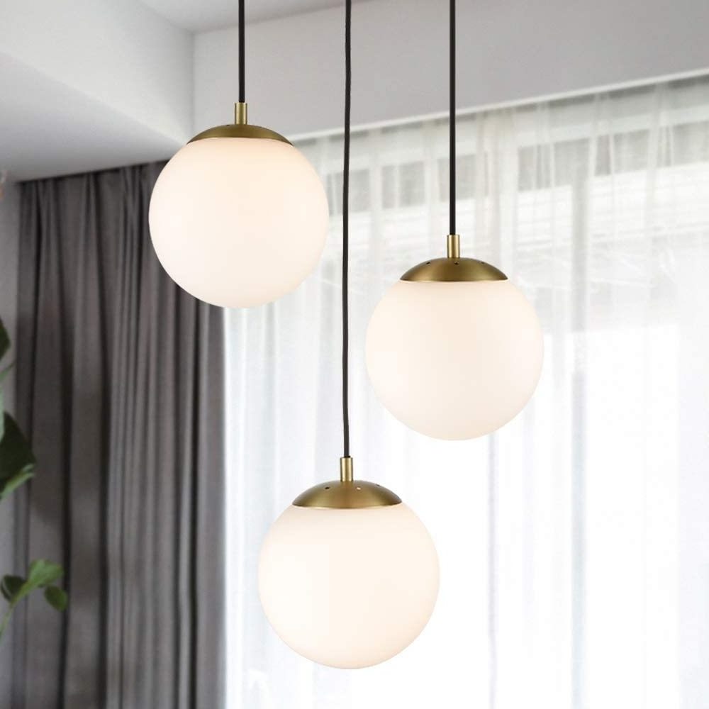 Brushed Brass and White Glass Globes Retro Mid Century Modern Style Chandelier 3-Light Pendant Lamp for Living Room