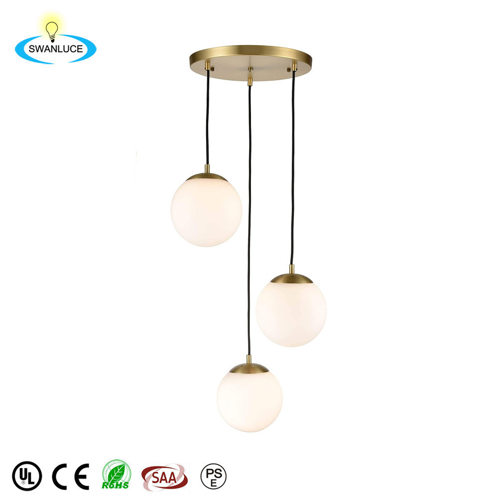 Brushed Brass and White Glass Globes Retro Mid Century Modern Style Chandelier 3-Light Pendant Lamp for Living Room