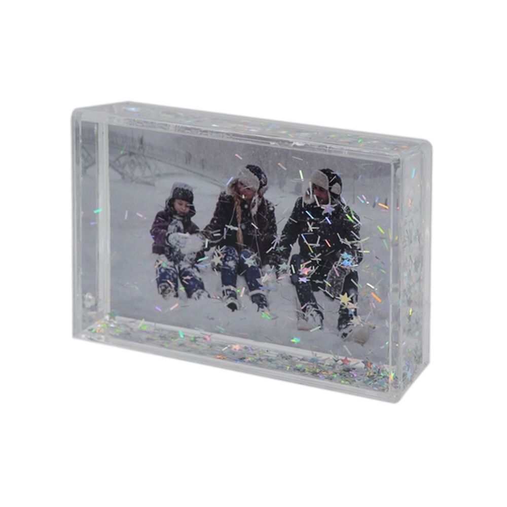 Factory custom acrylic water snow globe picture frames acrylic 2x3 instax mini glitter liquid photo frame