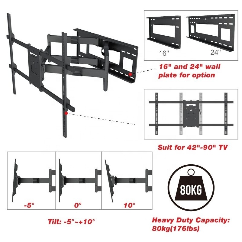 Universal led extendable arm,full motion long tv arm,flexible dual arm tv wall mount bracket