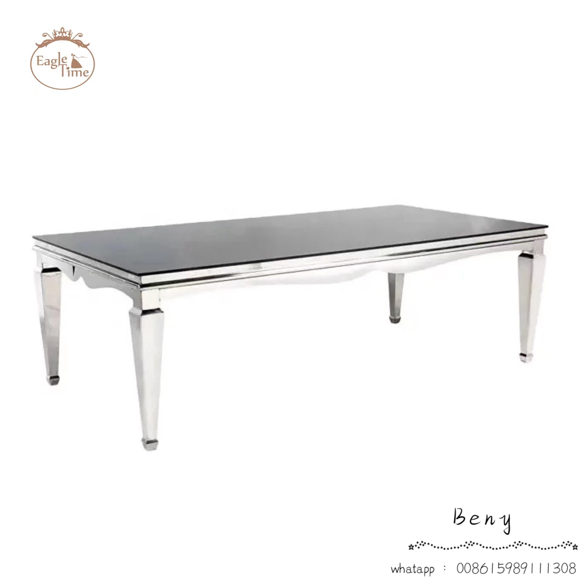 Metal Frame Glass Mirror Top Stainless Steel Rectangular Outdoor Wedding Hotel Table