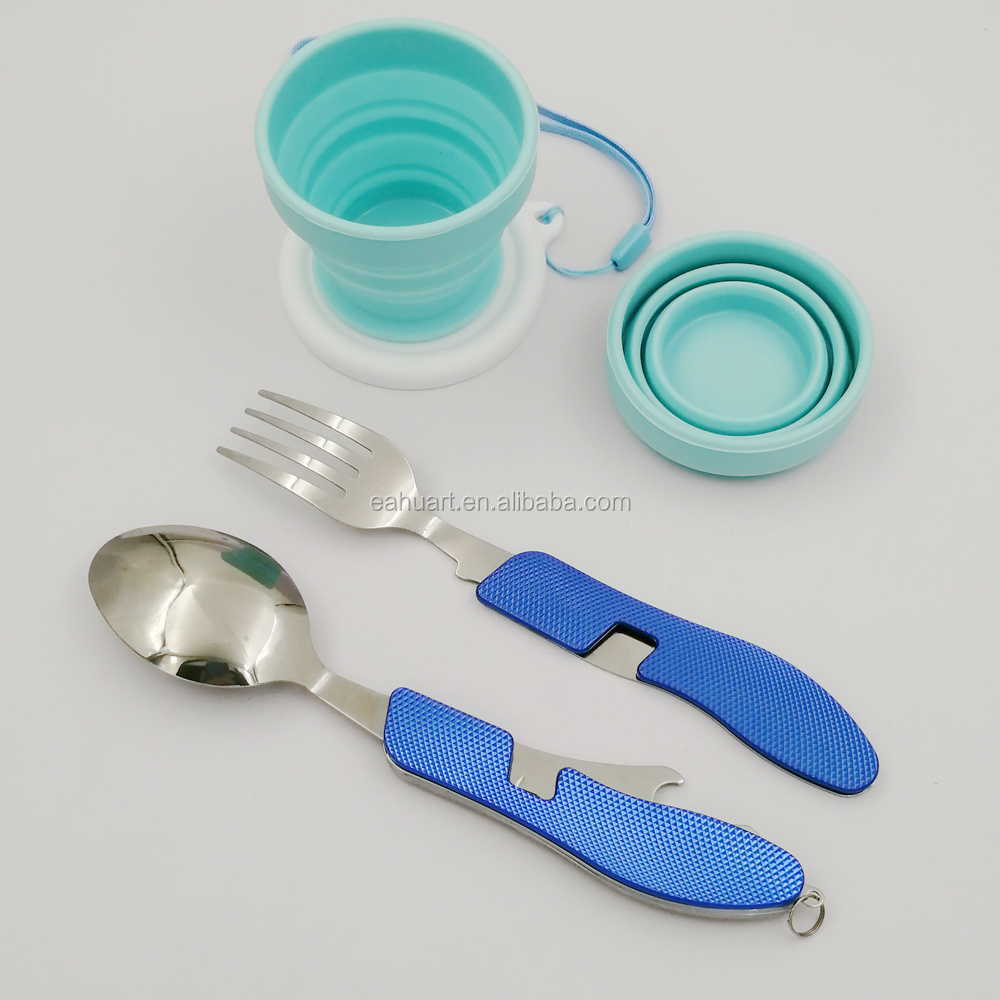 Hot wholesale camping tableware 4 in 1 portable folding cutlery set with Silicone folding cup