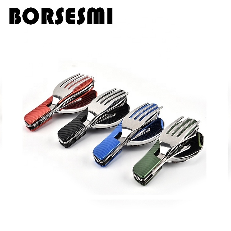 New Wholesale camping cutlery 3 in 1 portable folding cutlery set stainless steel tableware set gift travel spoon fork knife