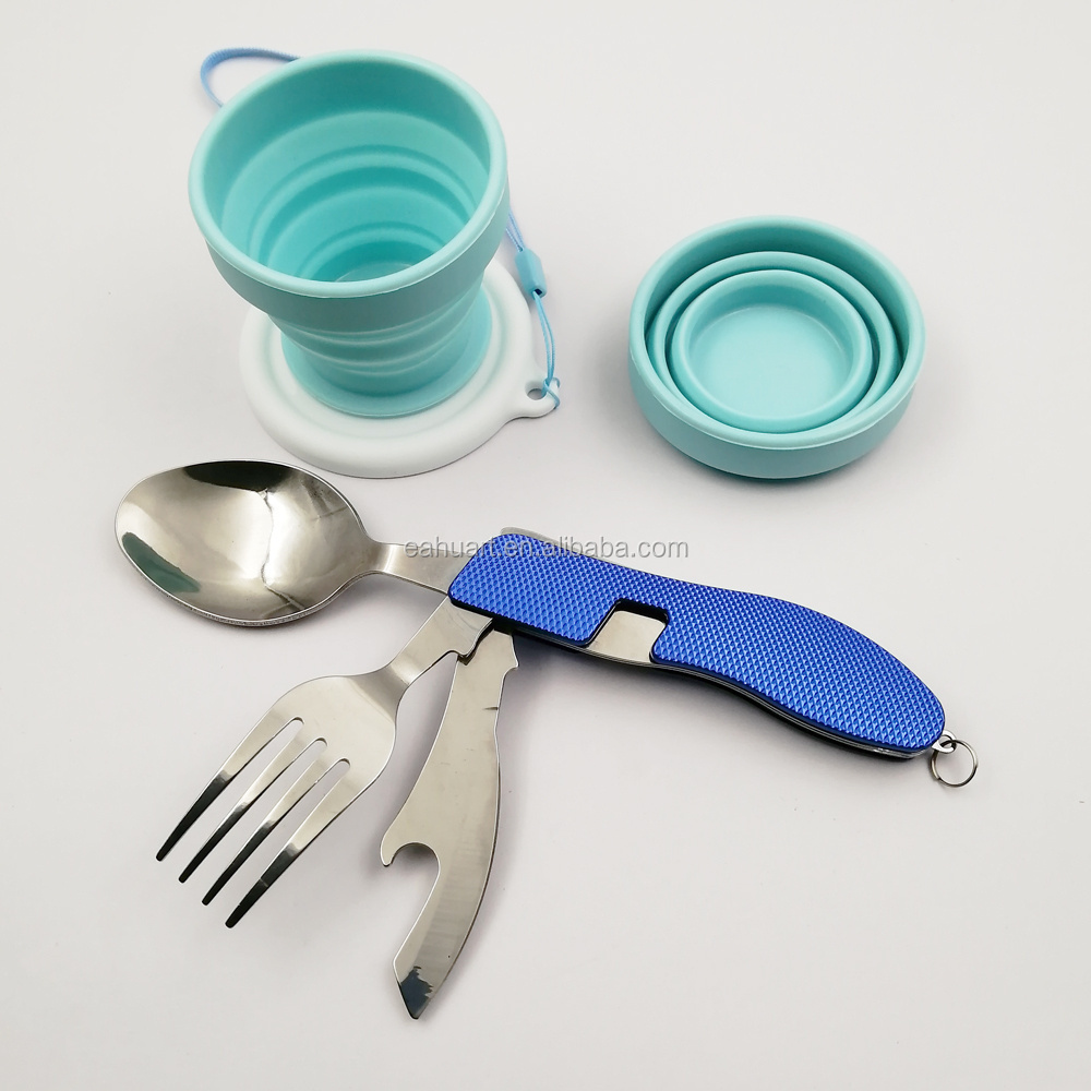 Hot wholesale camping tableware 4 in 1 portable folding cutlery set with Silicone folding cup