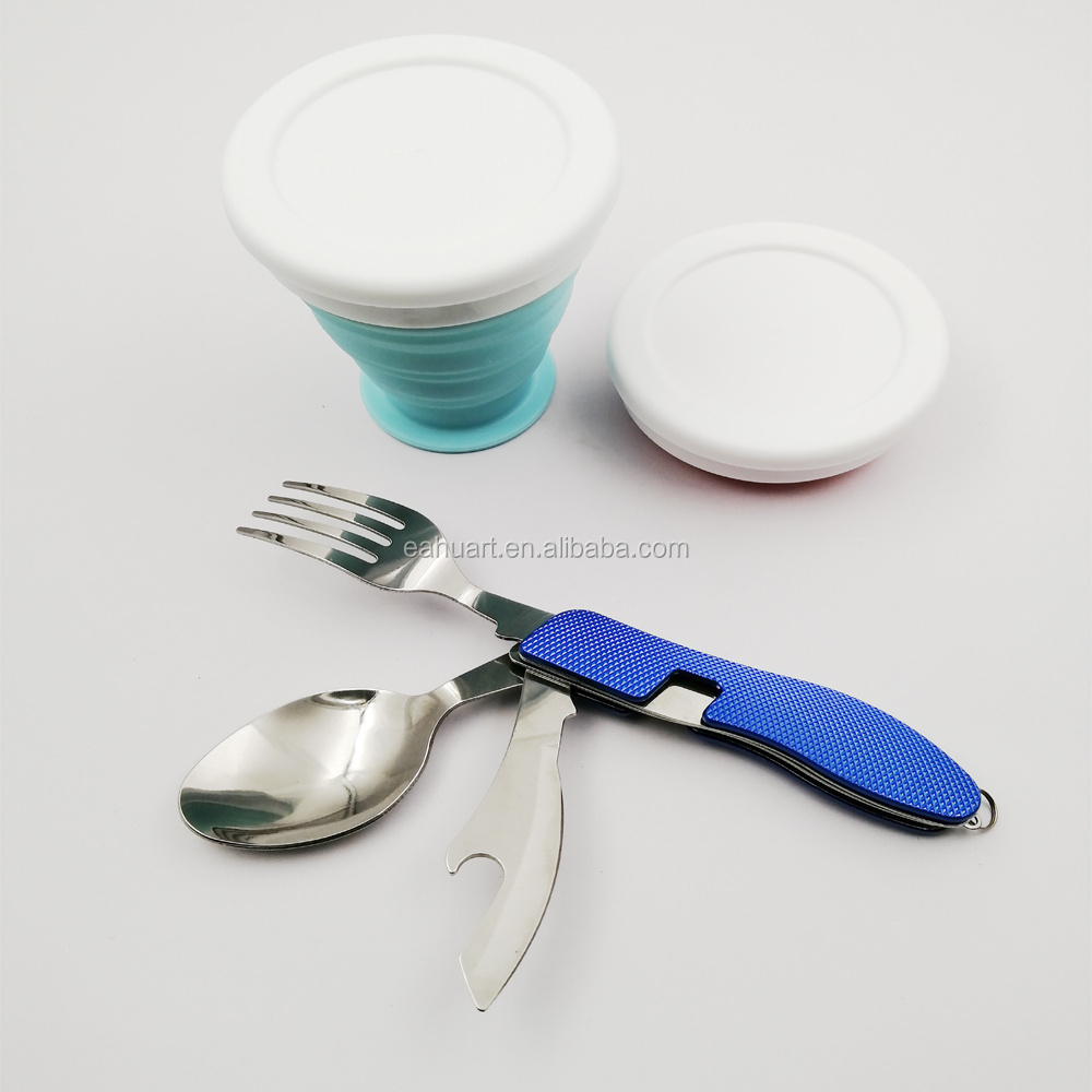 Hot wholesale camping tableware 4 in 1 portable folding cutlery set with Silicone folding cup