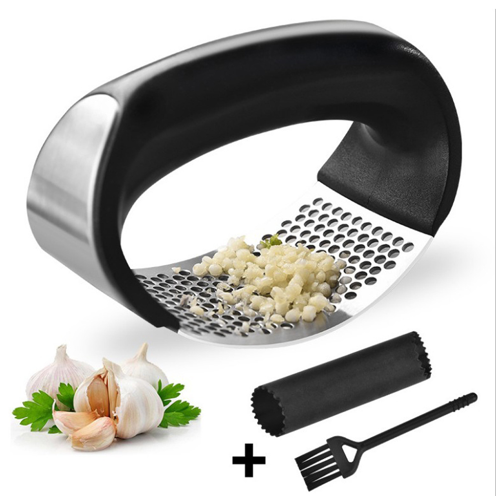 Best selling kitchen gadgets stainless steel press garlic with brush and silicon pin Mash grater ginger juicer garlic press set