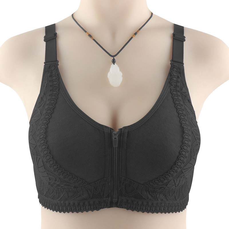 Adjustable Strap Soft Cup Big Size Front Zipper No Hook Wireless Lace Bra