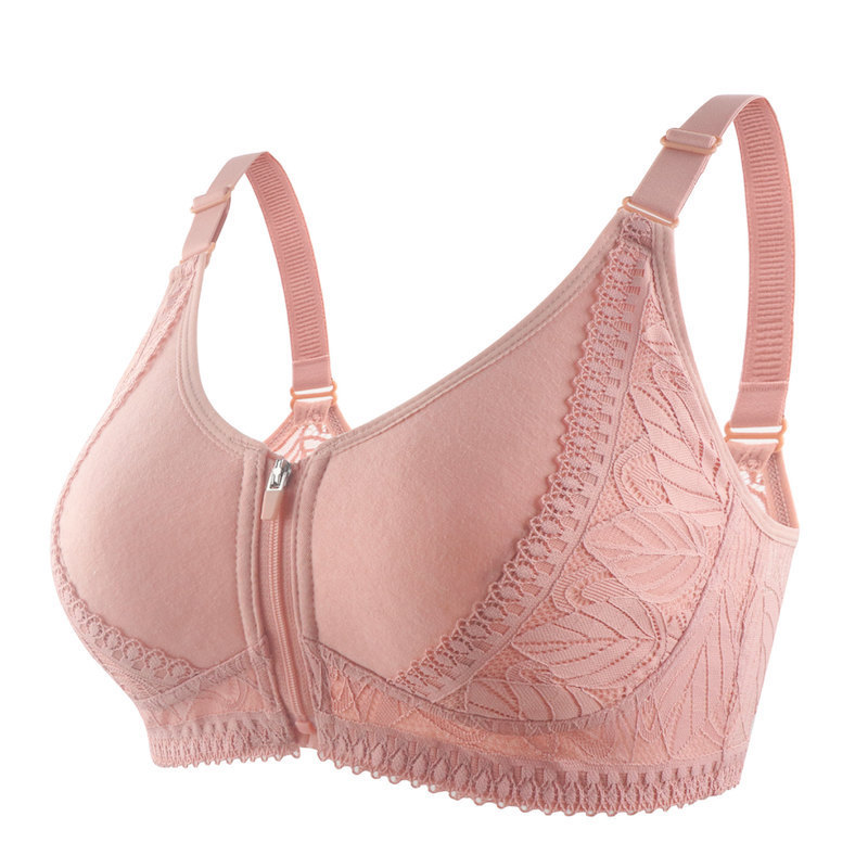 Adjustable Strap Soft Cup Big Size Front Zipper No Hook Wireless Lace Bra