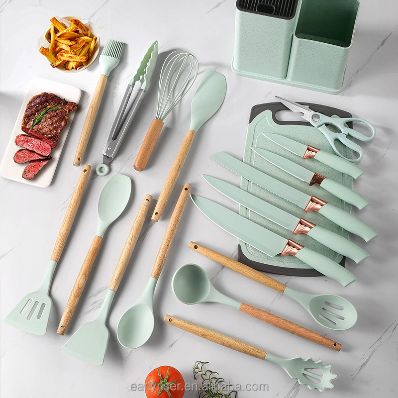 Early Riser Silicone Kitchenware Set 19 Piece Set Popular Kitchen Utensils Stainless Steel Knife Silicone Cookware Kitchen Set