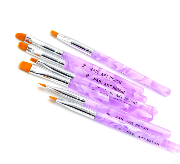 Fashion 7pcs Set Round Nail gel Brush Set With Purple Wave Handle Nycon Nail Painting Brush