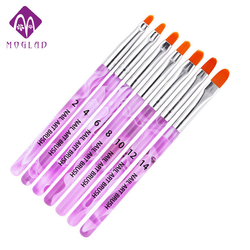 Fashion 7pcs Set Round Nail gel Brush Set With Purple Wave Handle Nycon Nail Painting Brush