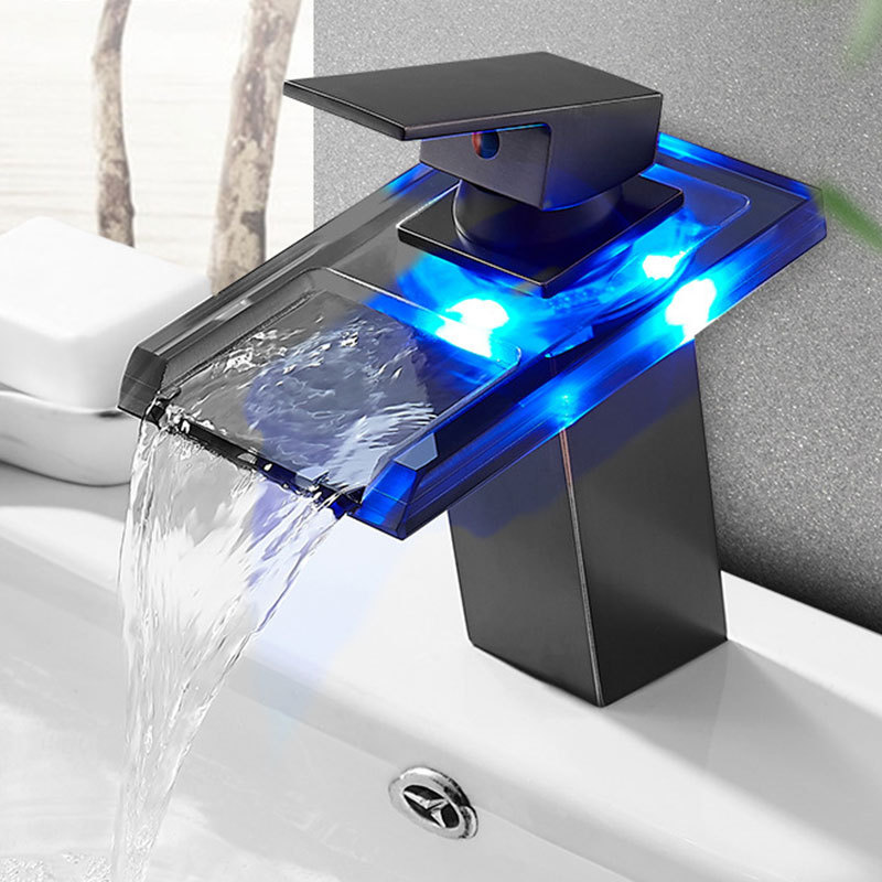 LED waterfall faucet cold and hot water bathroom sink temperature control color luminescent crystal glass faucet taps