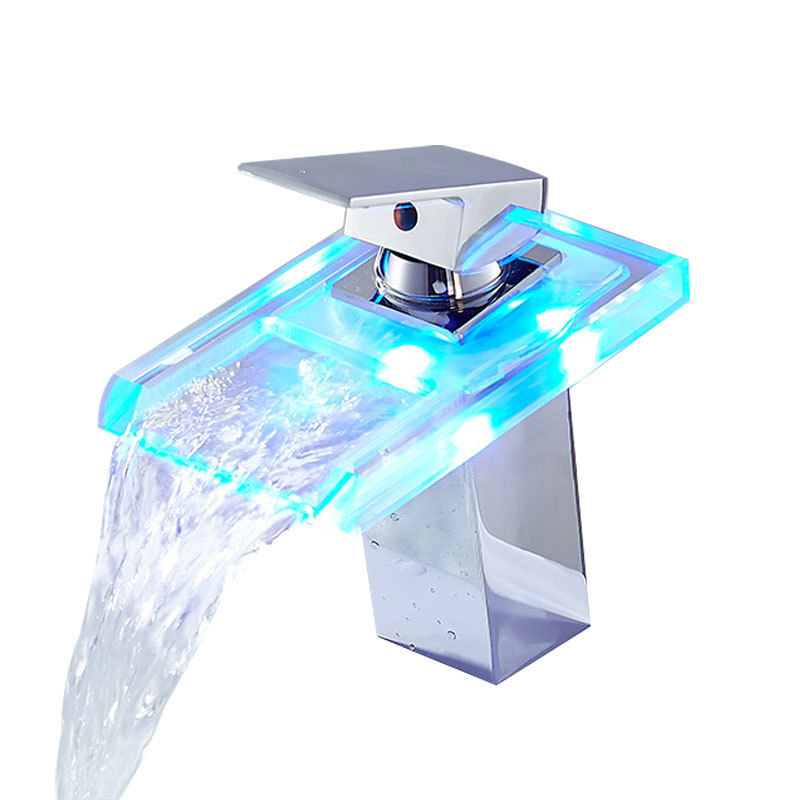 LED waterfall faucet cold and hot water bathroom sink temperature control color luminescent crystal glass faucet taps