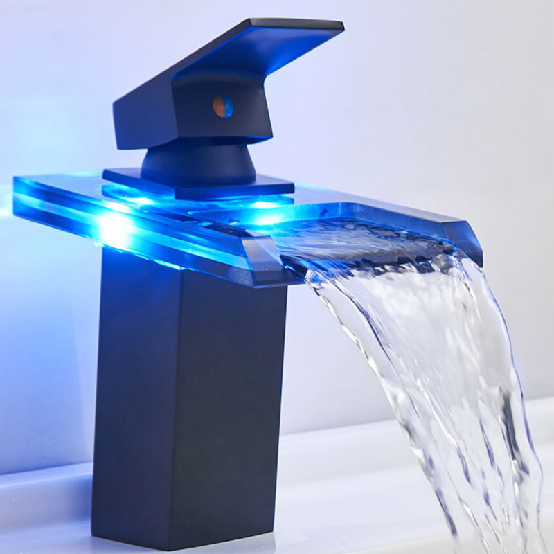 LED waterfall faucet cold and hot water bathroom sink temperature control color luminescent crystal glass faucet taps