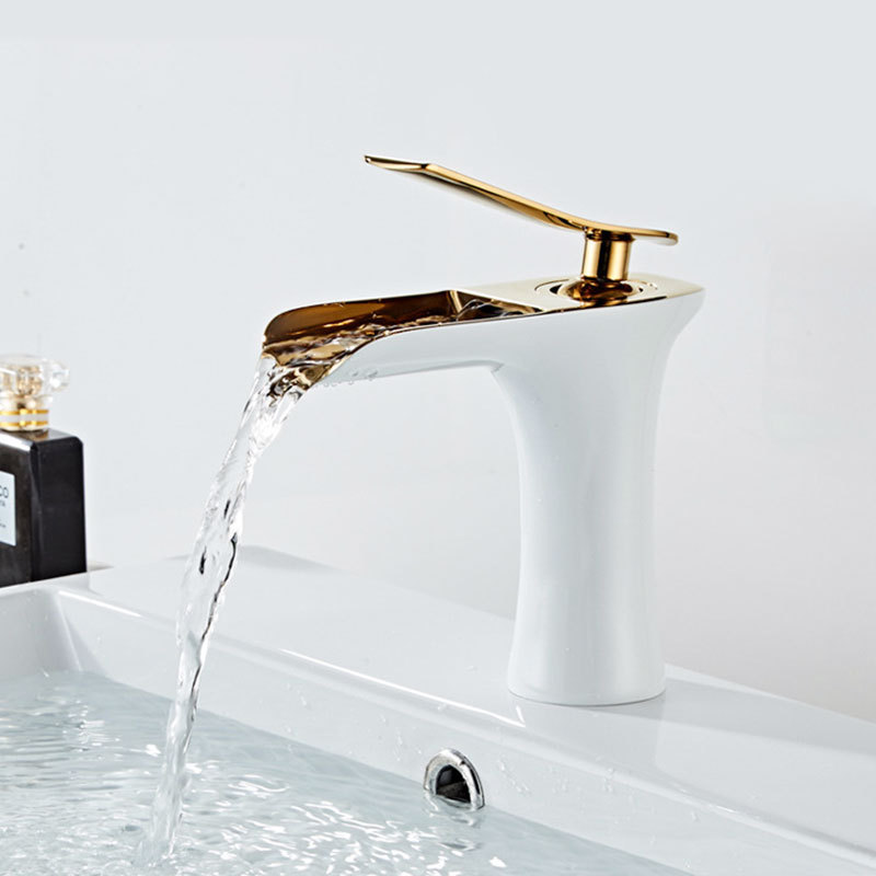 Bathroom Hot And Cold Gold and White Single Hole Bathroom Basin Mixer Taps Sink Waterfall Faucets