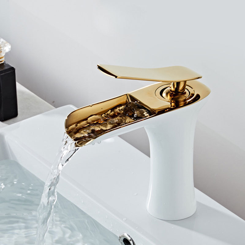 Bathroom Hot And Cold Gold and White Single Hole Bathroom Basin Mixer Taps Sink Waterfall Faucets