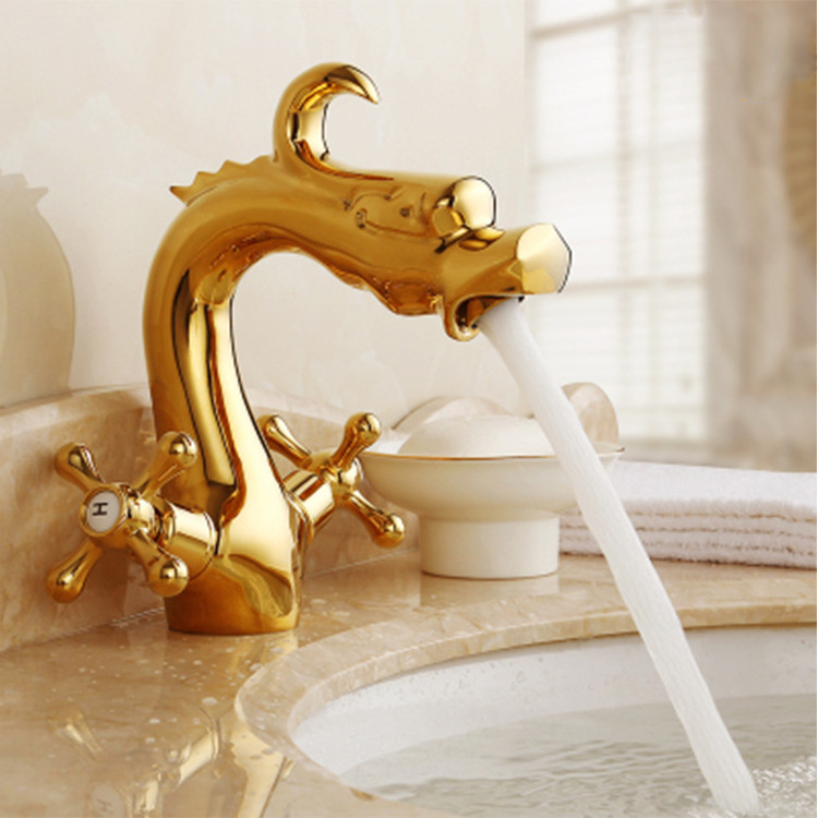 European style copper antique hot and cold faucet dragon shaped retro single hole wash basin taps bathroom water faucet