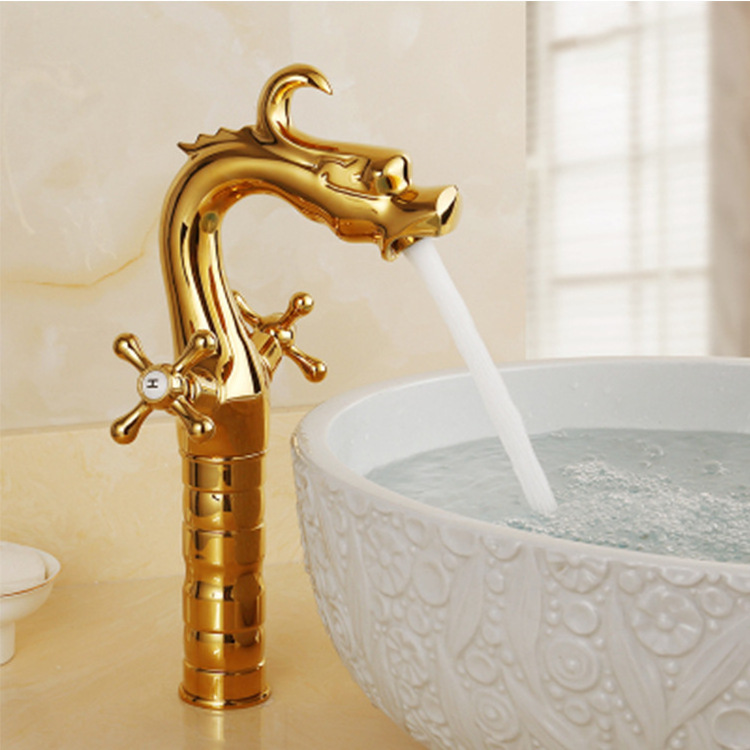 European style copper antique hot and cold faucet dragon shaped retro single hole wash basin taps bathroom water faucet