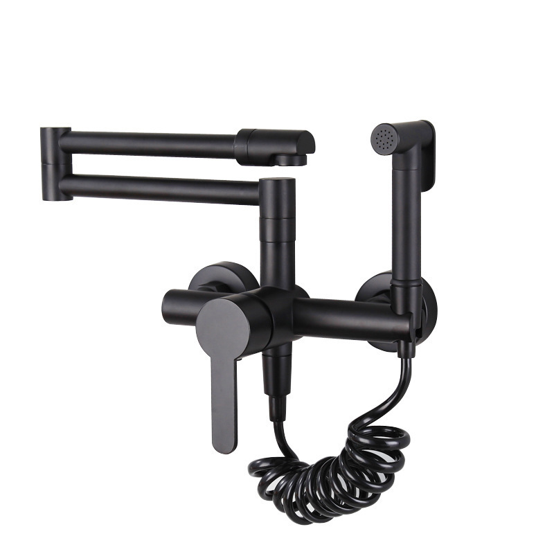 Wall Mount Pot Filler Kitchen Sink Faucet Swivel Spout with 2 Lever Handles and Sprayer