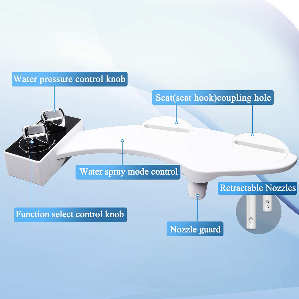 Cold and hot water non-electric dual nozzle mechanical bidet with hose and brass hose connector size 9/16' 7/8' 1/2' 3/8'